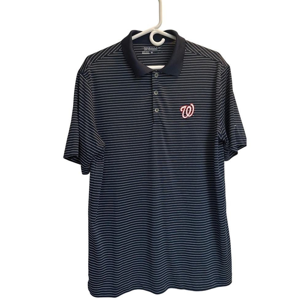 Nike Golf Washington Nationals Polo Shirt Mens Large Navy Blue Striped Dri-FIT
